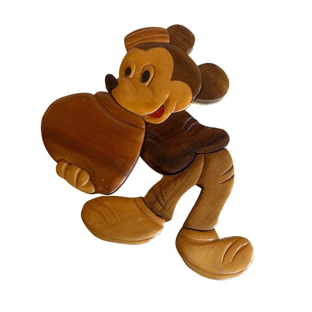 Disney Wall Art‎ Brown Mickey Minnie Mouse Intarsia Wood Plaque Set 2pc Vintage